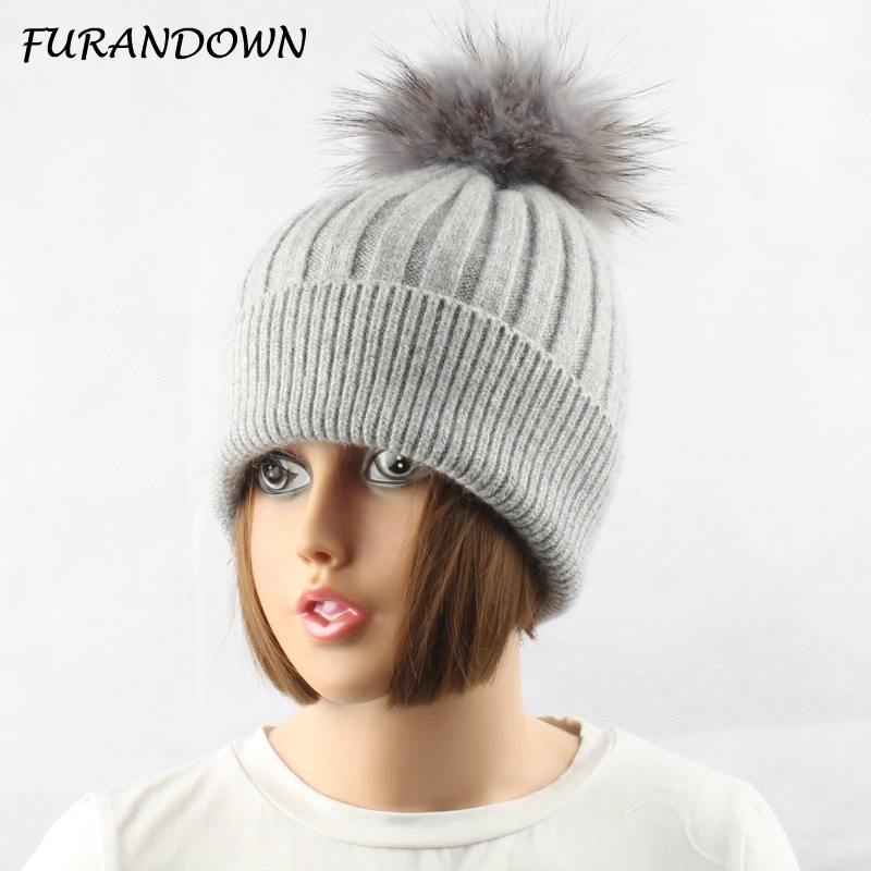 FURANDOWN 2018 зимняя вязаная шерстяная шапка с натуральным мехом помпоны шапки