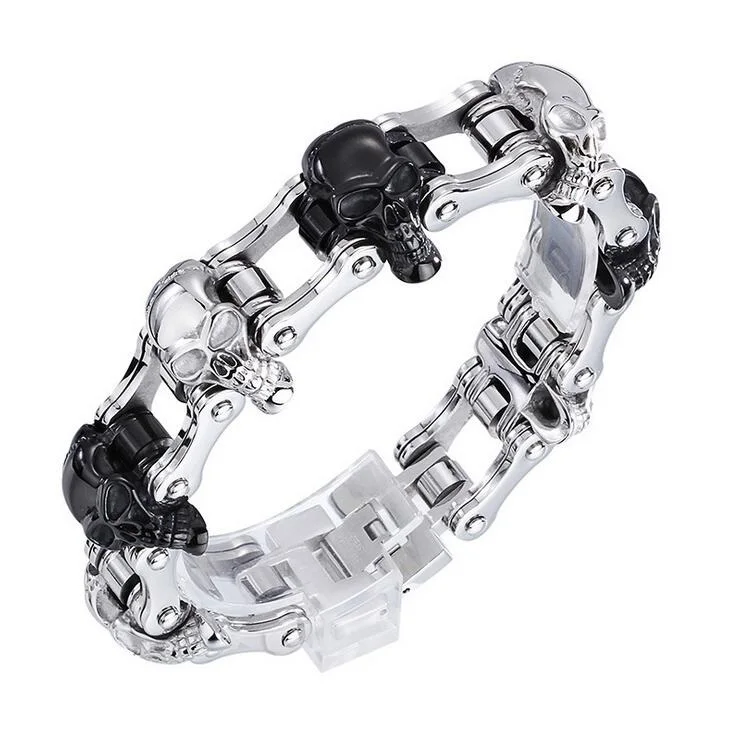 Heavy Black Gold Motorcycle Biker Bracelet For Men Hiphop Punk Red Stainless Steel Bangles Bicycle Chain Skull Jewelry pulseira | Украшения