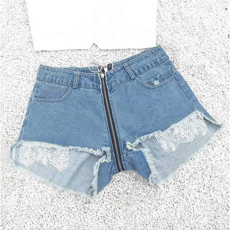 light blue shorts ESDAMIER, Модные женские сексуальные джинсовые шорты, на молнии спереди и сзади, с высокой талией, с дырками, шорты для женщин, для ночного клуба, шорты с кружевными вставками, светильник синего цвета - Цвет: light blue shorts
