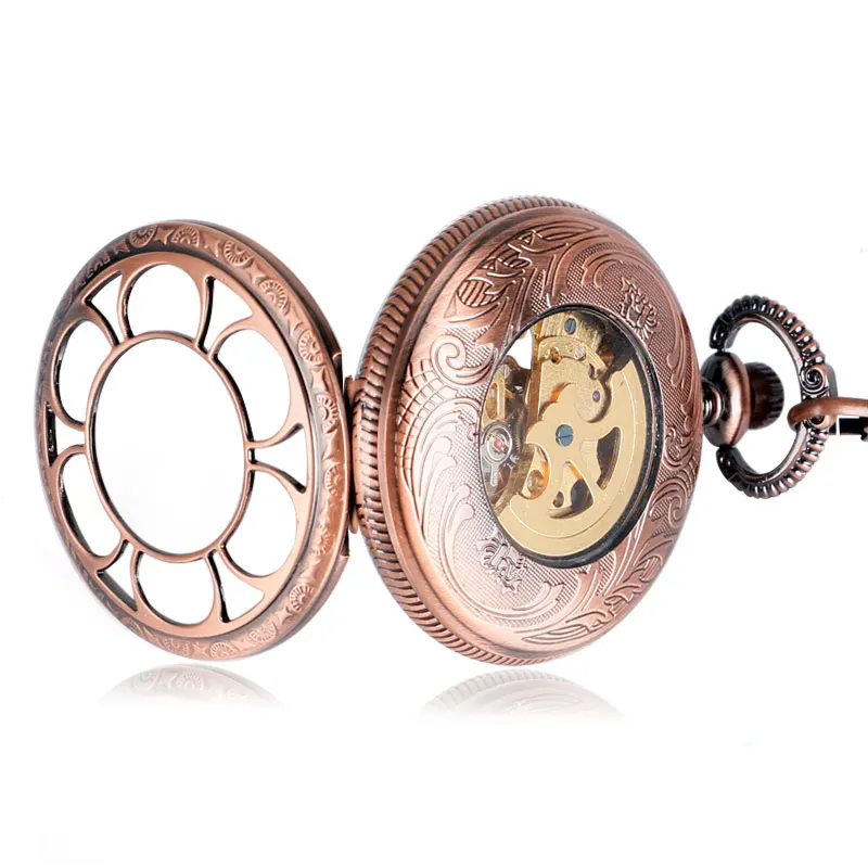 Self- Wind Hollow Flower Pendant Pocket Watch Rose Copper Women Open face design Chain Watches Men  Automatic Mechanical Clock
