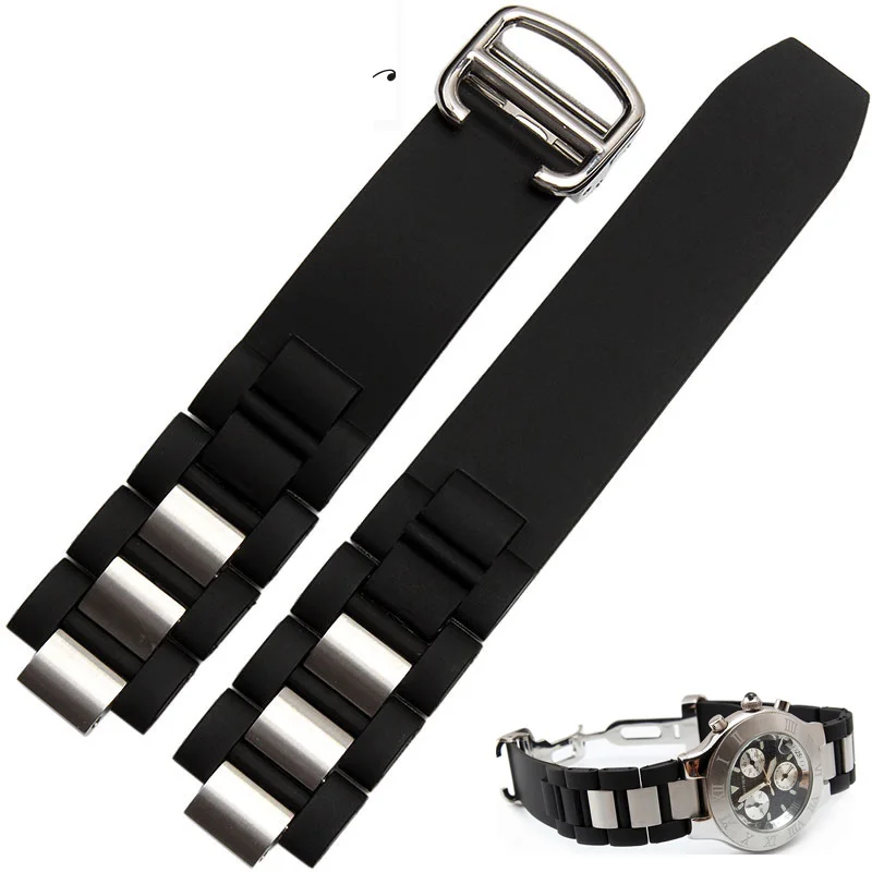 Sliver clasp Качество 20 мм X 10 резиновый ремешок для часов Ремешок Браслет для Cartier 21 хронограф часы черный/белый резиновый ремешок для часов - Цвет ремешка: Sliver clasp