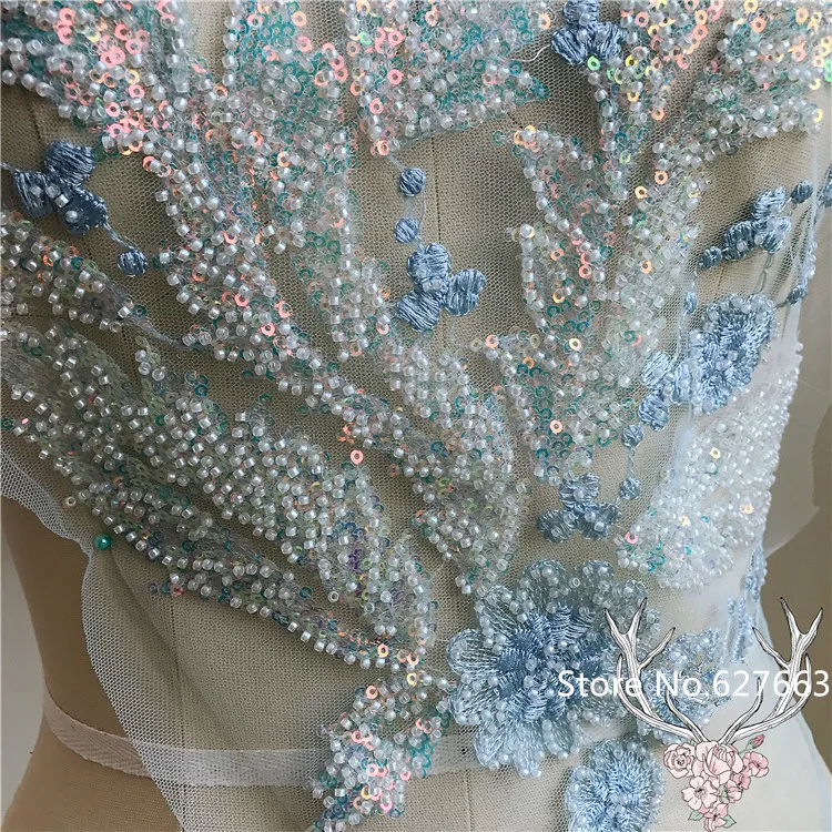 3D Blue Pink Beading lace embroidered patch applique for wedding evening dress sewing patches fashion clothing accessories