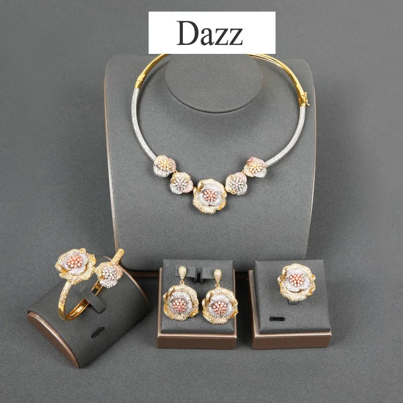 Dazz роскошный большой цветок из циркона Медь кольцеобразные серьги комплект ювелирных изделий Для женщин Свадебная вечеринка индийский кольцо невесты браслет аксессуары - Окраска металла: gold color