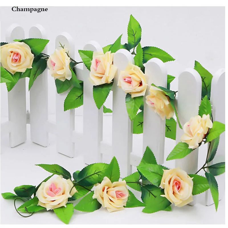 Champagne 2,3 м шелк Вистерия искусственная Роза вино из плюща ротанга с зелеными листьями Настоящее прикосновение для украшения свадьбы стены Гирлянда для развешивания - Цвет: Champagne