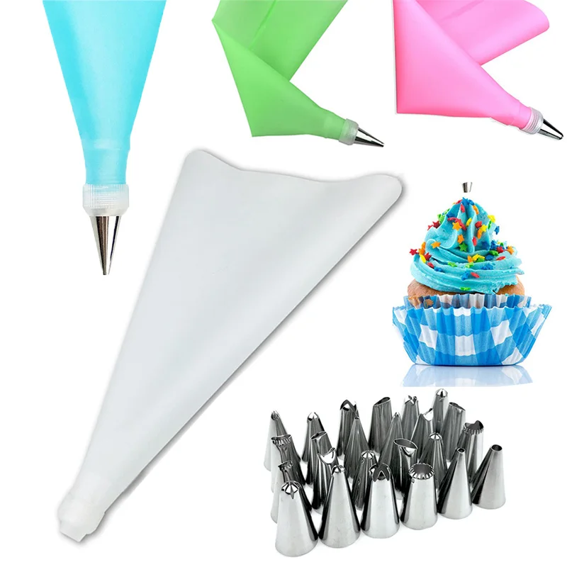 Pastry Bag Silicone 8-26Pcs Cake Decorating Tools Baking Accessories Food Grade DIY Icing Piping Cream Reusable 24 Nozzle Set | Дом и сад