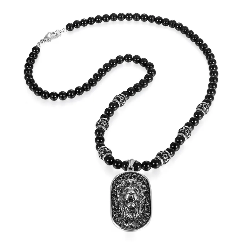 Boniskiss панк готический Лев Dog Tag Нержавеющая Сталь Подвески черные бусины состояние для мужчин t цепочки и ожерелья для мужчин ювелирные изделия - Окраска металла: Золотой цвет