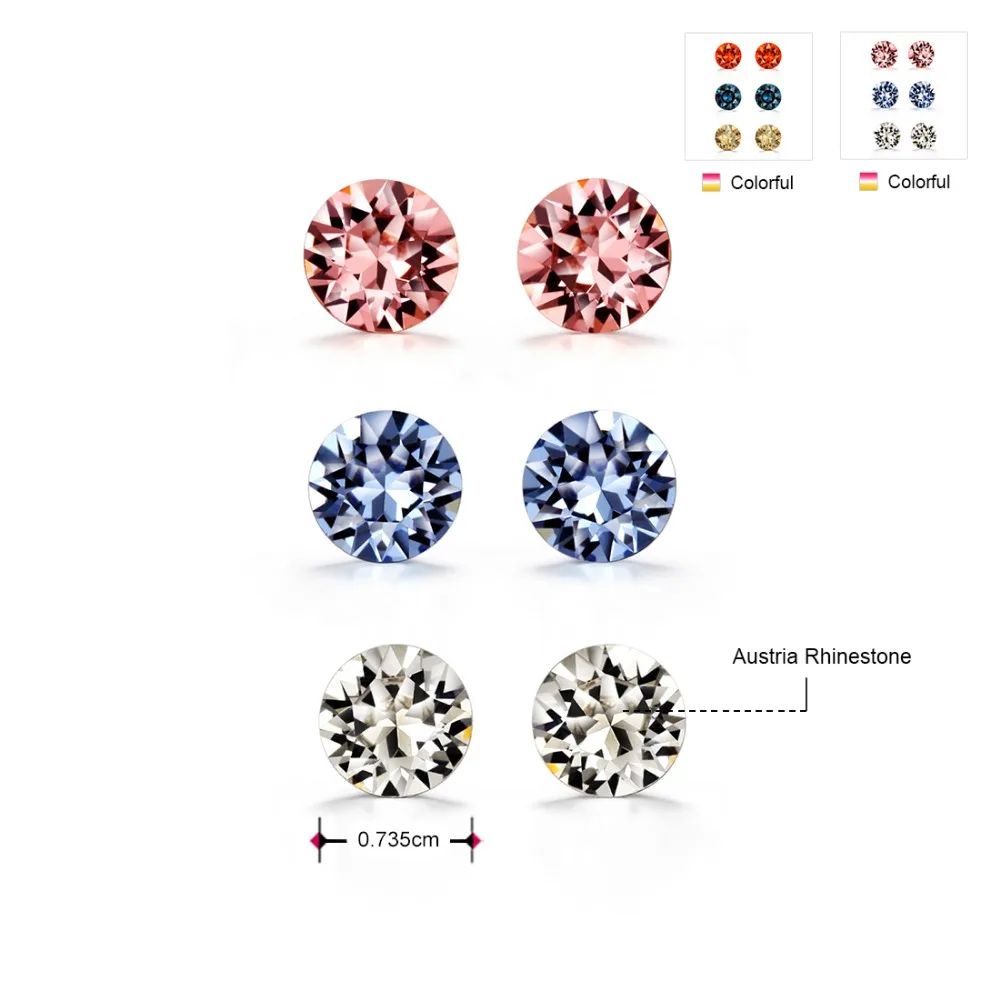 Женские серьги гвоздики с кристаллами Neoglory простые круглые белые/розовые/синие 3