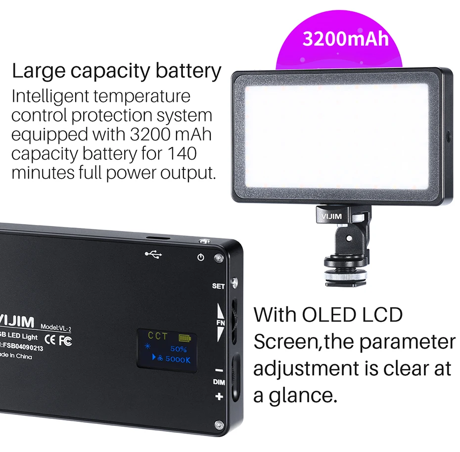 VIJIM VL-2 RGB LED Video Light 2500K-8500K Dimmable Lamp Photography Lighting for Sony Nikon DSLR Cameras