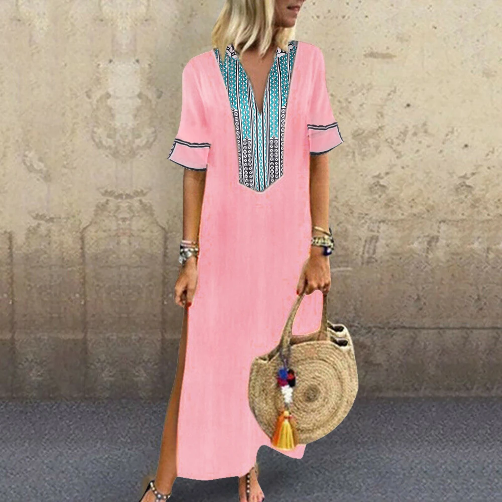 Женское платье с коротким рукавом HEFLASHOR повседневное однотонное v-образным