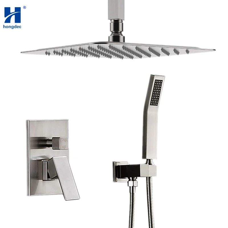 

Hongdec Luxury Concealed Rainfall Shower System with 12" ceiling Rain Shower set Brushed Nickel