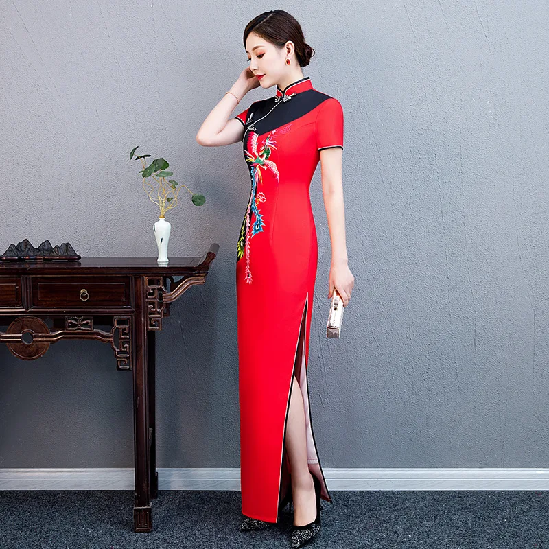 Красный плюс размер 5XL белый синий китайский винтажный Печатный женский Qipao Мода