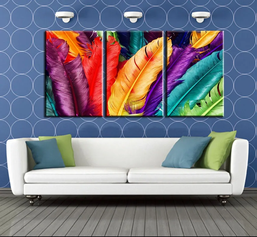 

Настенная картина из 3 предметов, Современный домашний декор, холст с цветными перьями, картина маслом, печать на холсте, абстрактные принты,...