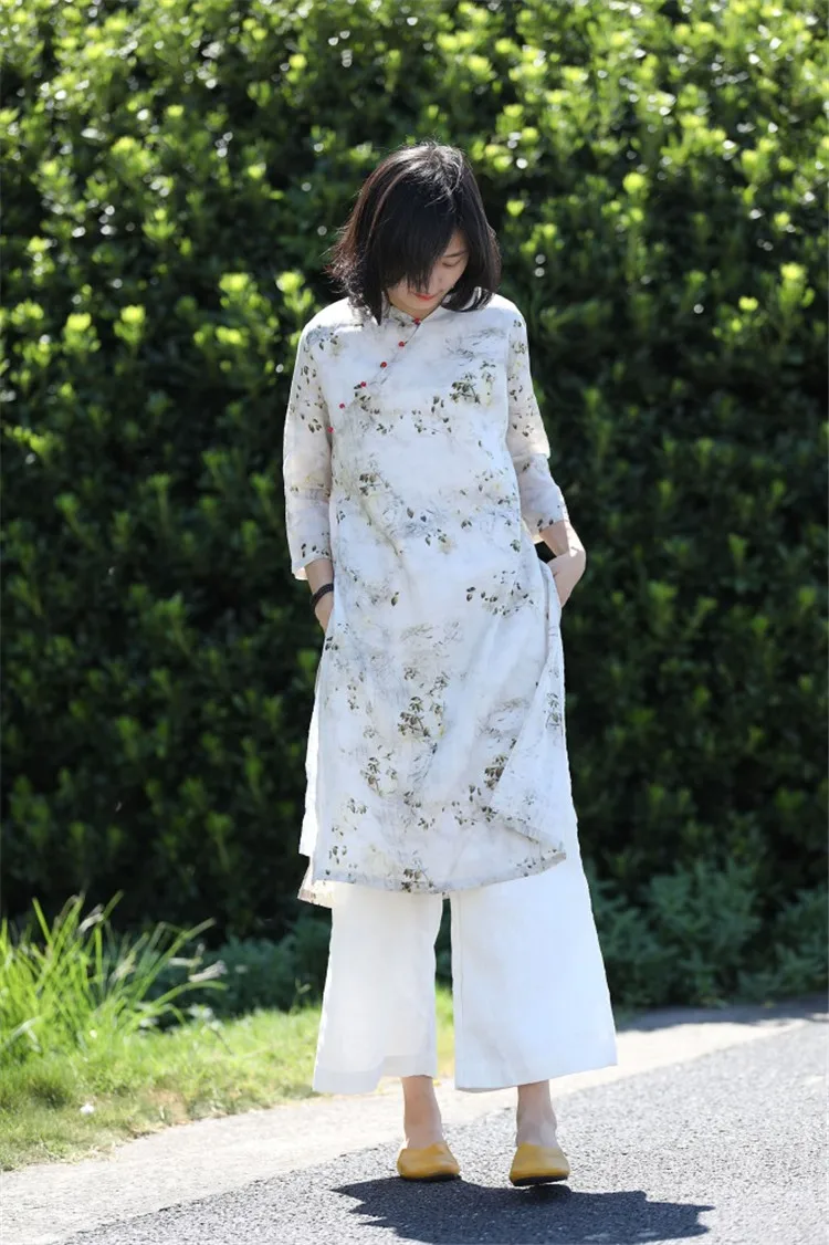 SCUWLINEN Vestidos сезон: весна–лето женское платье Винтаж принт Zen Jade пуговицы Свободные двойной Слои рами платья P038
