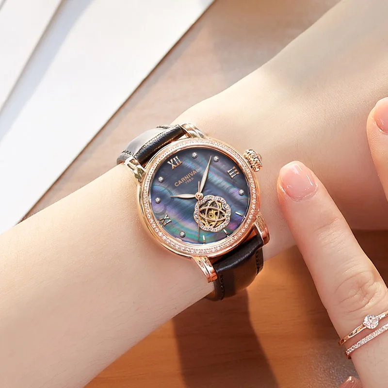 Фото 33mm 2017 New CARNIVAL Skeleton Mechanical Automatic Watch Wristwatch For Women With Red Leather Strap relogio feminino 2017 №2