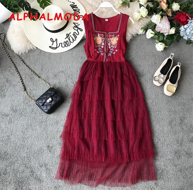 Женское винтажное платье ALPHALMODA с цветочной вышивкой однобортное без рукавов