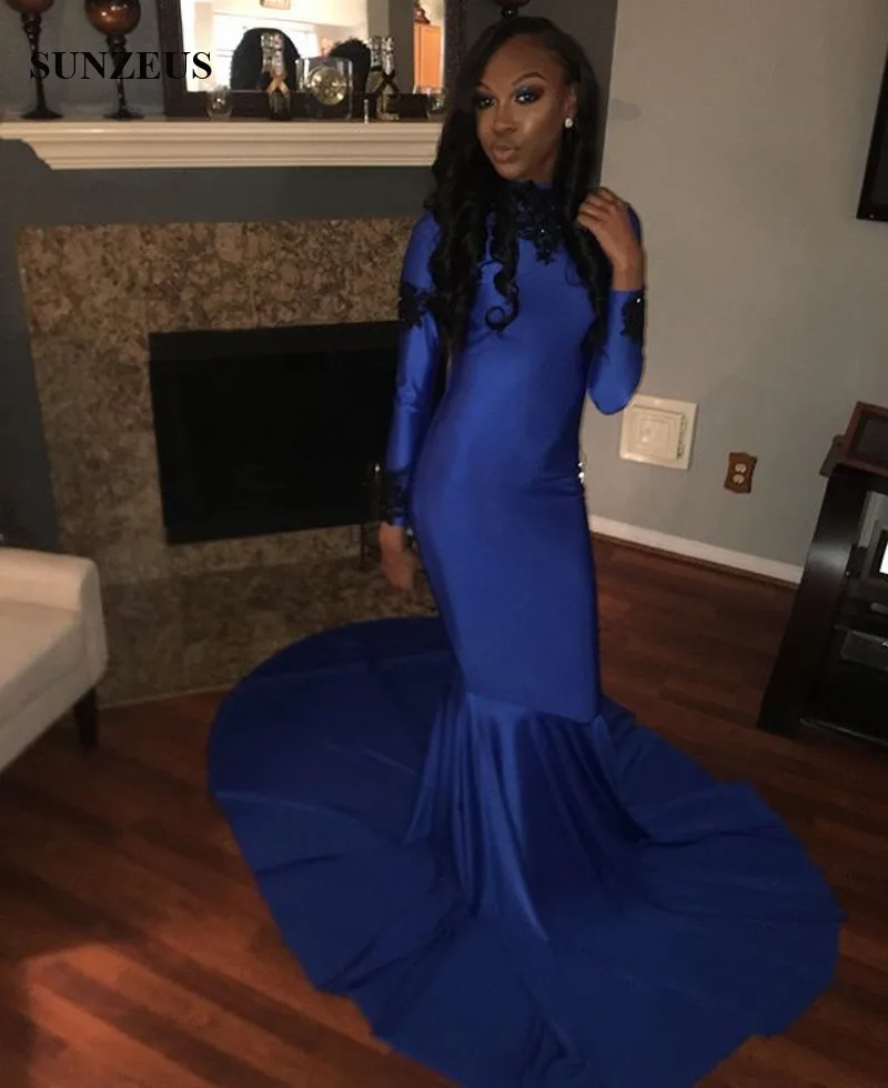 

Elegant Long Jersey Prom Dress Trumpet High Neck Long Sleeves Royal Blue Party Dress With Black Appliques vestidos de baile
