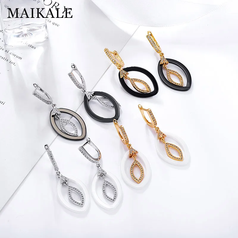 MAIKALE, новинка, модные серьги-капли, медь, AAA, кубический цирконий, черный, белый цвет, керамическая подушка, золото, серебро, цвет, серьги для женщин