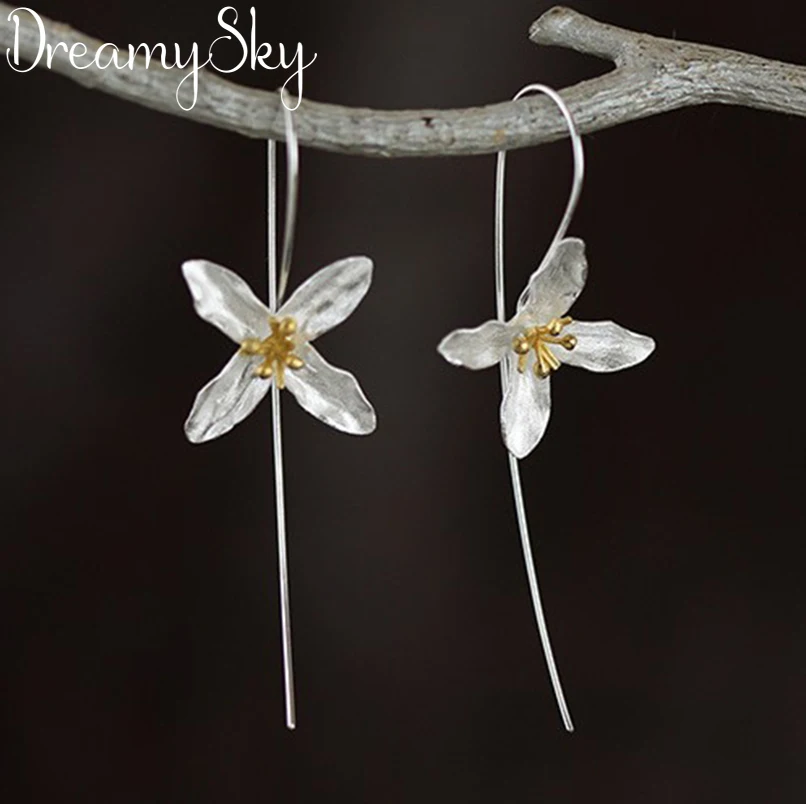 Женские серьги с сиреневым цветком длинные сережки ручного изготовления