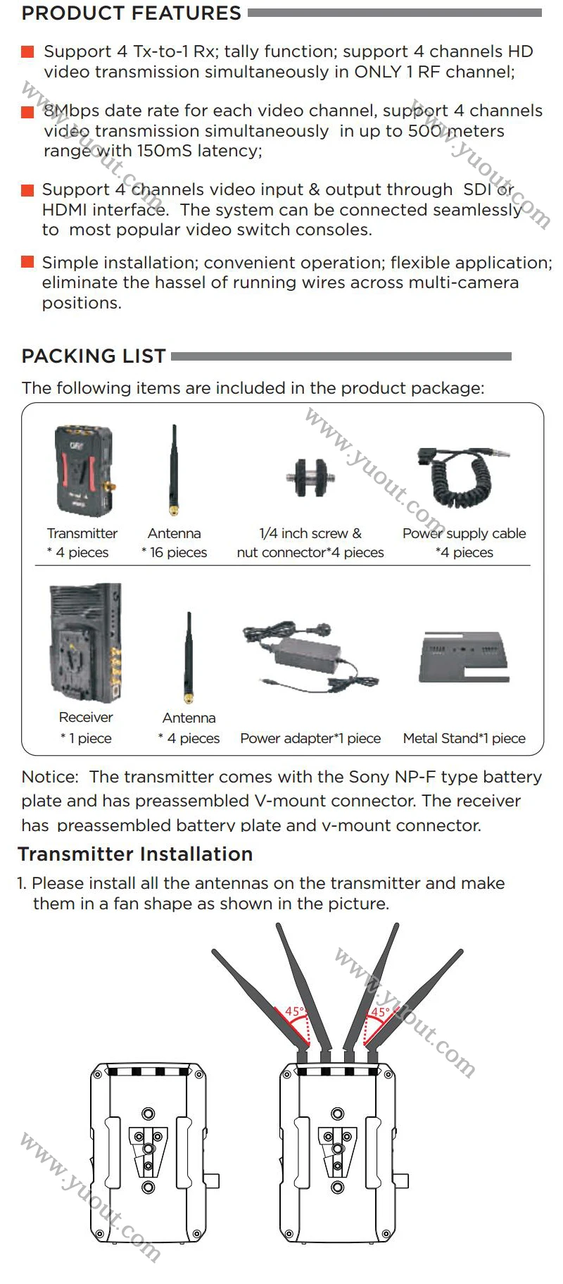 HDMI SDI Беспроводной 500 m/1640ft HDMI SDI беспроводной HD видео передачи TALLY 4TX+ 1RX