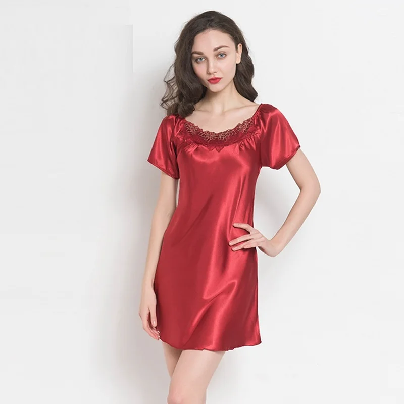 Дамы шелковая ночная рубашка для девочек пикантные шелковые Sleepdress короткий рукав сексуальное ночное белье сексуальное пижамы Мягкая Homedress ночная рубашка B-5311
