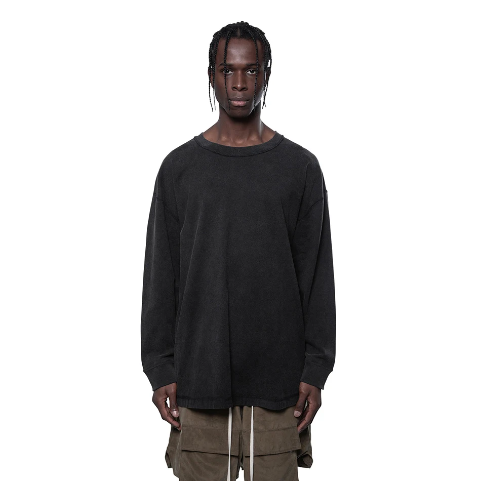 Fashion Mens T Shirt Retro Wash Oversize Anti-turner Double-faced Loose T-shirts Round Neck Black Long Sleeve Solid Casual Tee