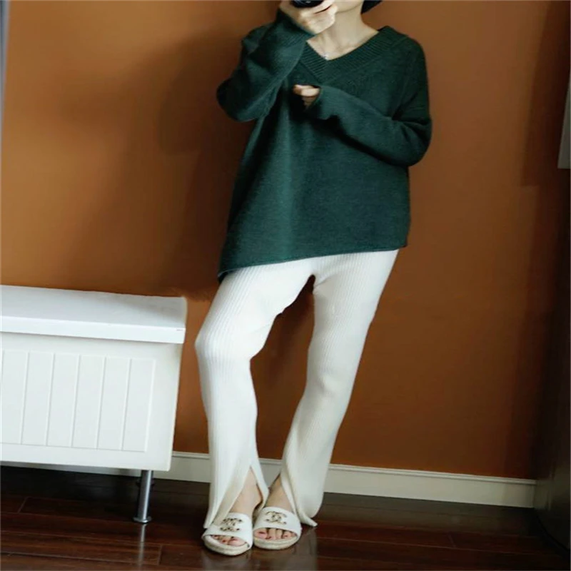 

JVEII New plus size cashmere sweater ladies V-neck sweater asymmetric long sweater solid color female loose pullover
