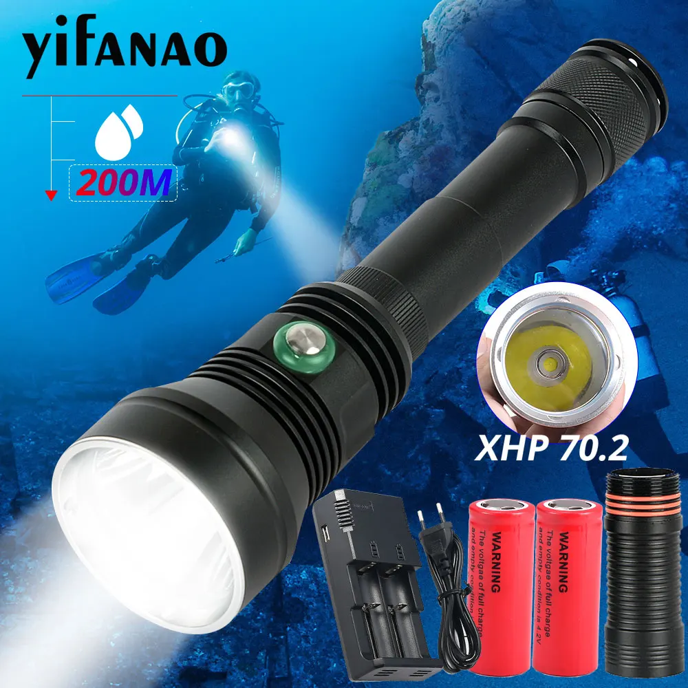 Bestellen 7000Lums High Power Tauchen Taschenlampe Scuba XHP 70,2 Professionelle LED Unterwasser Taschenlampe 200m 26650 IPX8 Wasserdichte Tauch Lampe