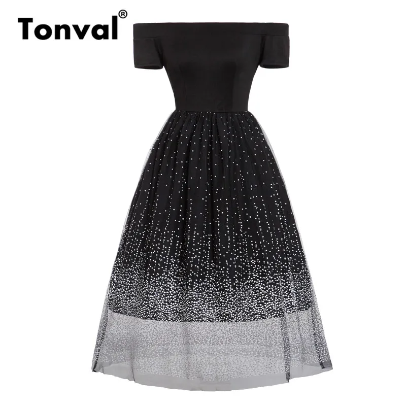 Женское Сетчатое платье Tonval винтажное черное в горошек с вырезом лодочкой и