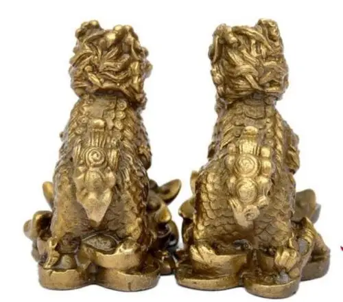 

Chinese Brass Money Wealth Yuan Bao Kylin Dragon Beast Statue Pair