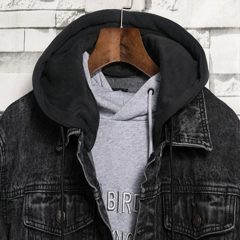 

Fashion men denim jacket Autumn Winter Retro hooded cowboy Casual coat mens Solid color jeans Windbreaker Male loose outerwear