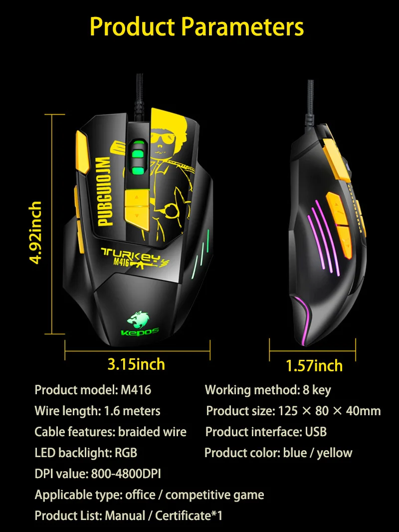 FELYBY Wired RGB Gaming Mouse 8 Programmable Buttons 6800 DPI Adjustable Optical Gaming Mouse Ergonomic Mouse With Fire Button