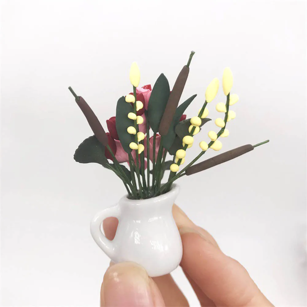 1/12 Dollhouse Miniature Accessories Mini Resin Flower with Vase Simulation Model Toy for Doll House Decoration | Игрушки и хобби