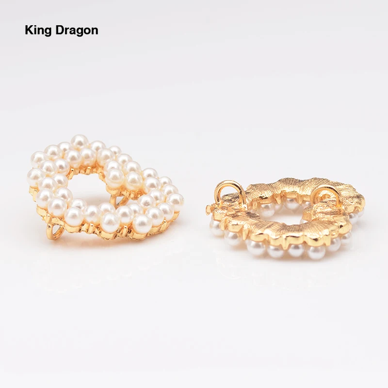 King Dragon Heart Rhinestone Pearl Buttons Used On Bag Decoration 24MM 100PCS/lot Gold Color Shank Back KD574