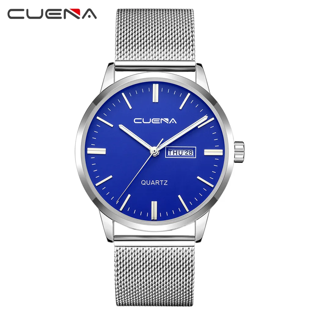 

CUENA Luxury Fashion Men Watch Stainless Steel Business Military Analog Quartz Wrist Watch Mens Clock Calendar reloj hombre