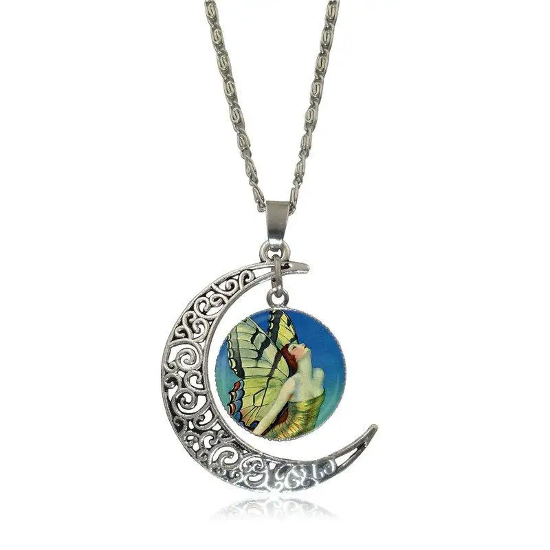 EJ Glaze Life Magazine Butterfly Woman Fashion Glass Cabochon Moon Pendant Necklace Choker Jewelry For Women Gifts Boy | Украшения и