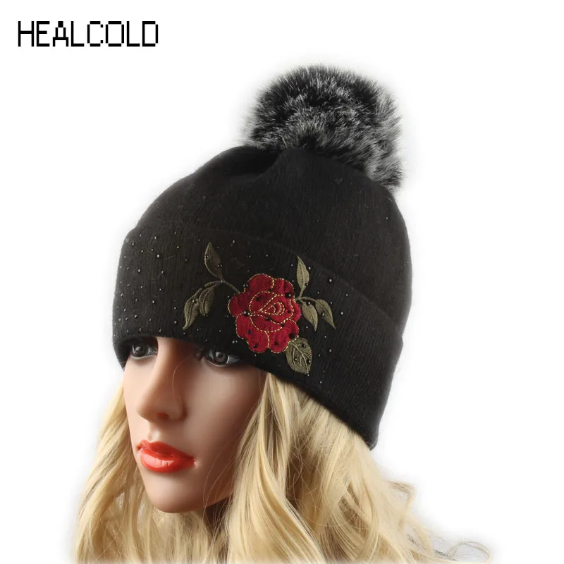 

HEALCOLD Womens Winter Faux Fur Hats For Ladies Diamond Beanie Embroidery Floral Casual Cap