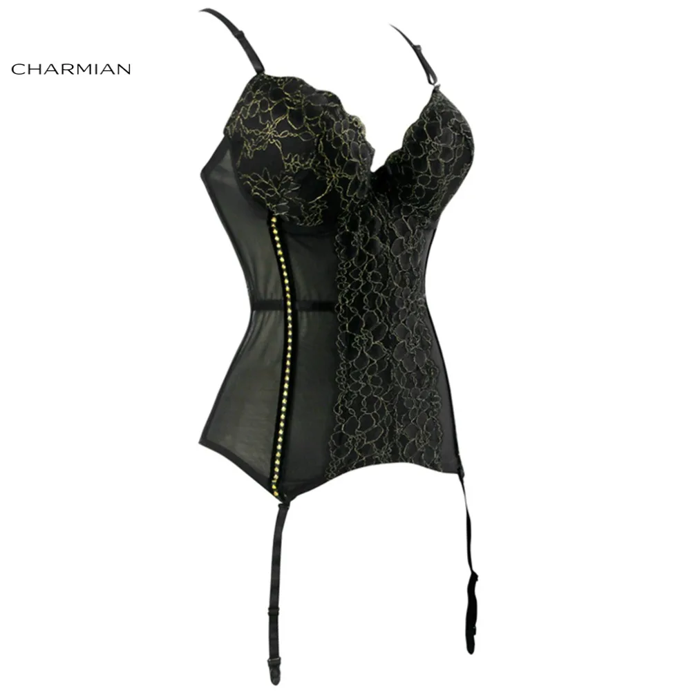 Charmian женское сексуальное бюстье пуш ап с косточками черные цветочные кружевные