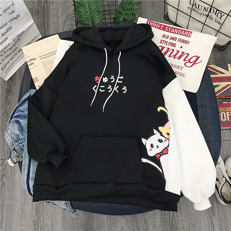 Толстовки женские Ulzzang мультфильм полосатый рукав зимние теплые мягкие Kawaii печатных женщин s с капюшоном корейский стиль кофты Harajuku