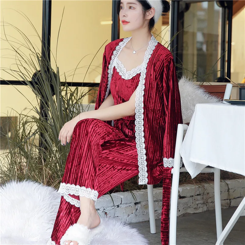 Освежающее лето осень Сгущает Бархат 3 шт. пижамный комплект с длинным рукавом Sexy