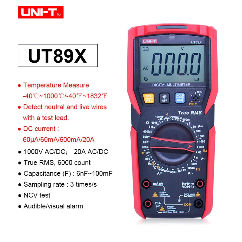 UNI-T UT89X/UT89XD true RMS цифровой мультиметр 20A Высокоточный цифровой мультиметр NCV/конденсатор/Триод/температура/светодиодный тест - Цвет: UT89X