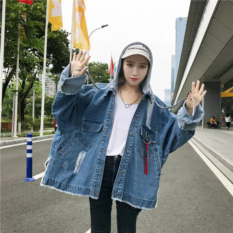

Jean jacket 2018 women female long sleeve hooed basic jackets coat fashion blue ladies women denim jacket FF1455 X