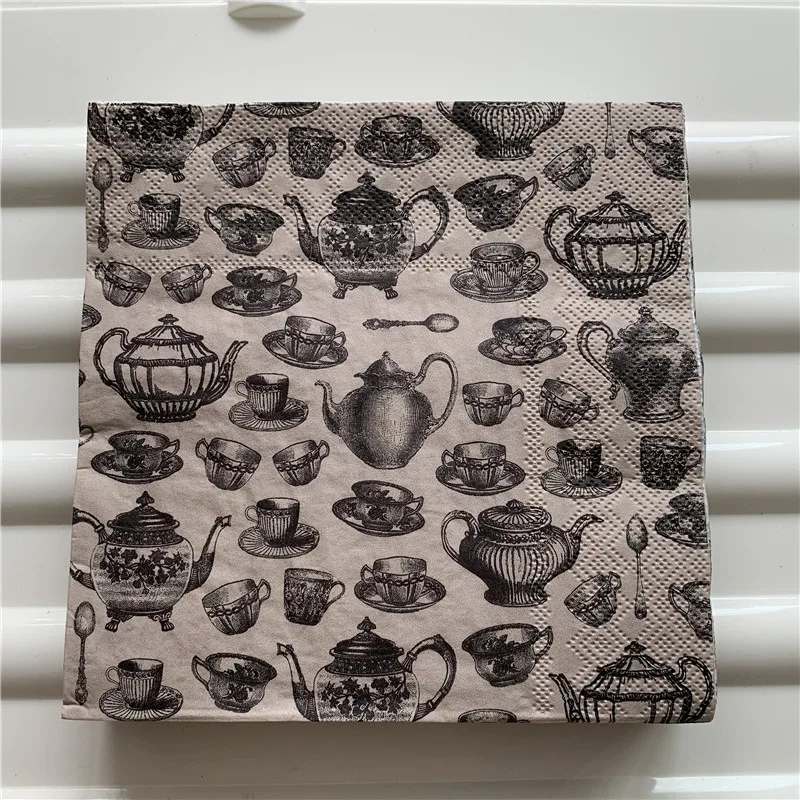 Бумажные салфетки Decoupage Элегантные винтажное полотенце черный серый чайник