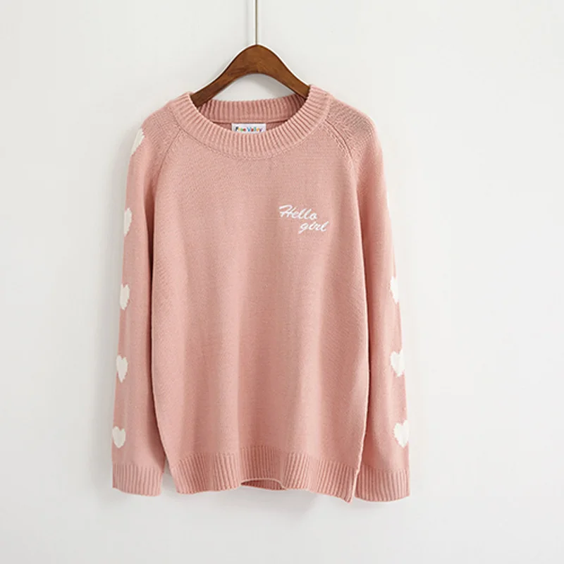 Winter women college warm thick casual loose student cute Heart letter embroidery round neck Long sleeve knitted Hedging sweater | Женская