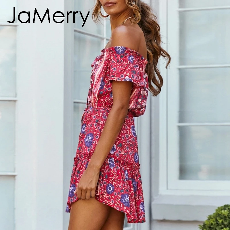 JaMerry винтажное сексуальное Бохо с открытыми плечами принтом Короткое женское