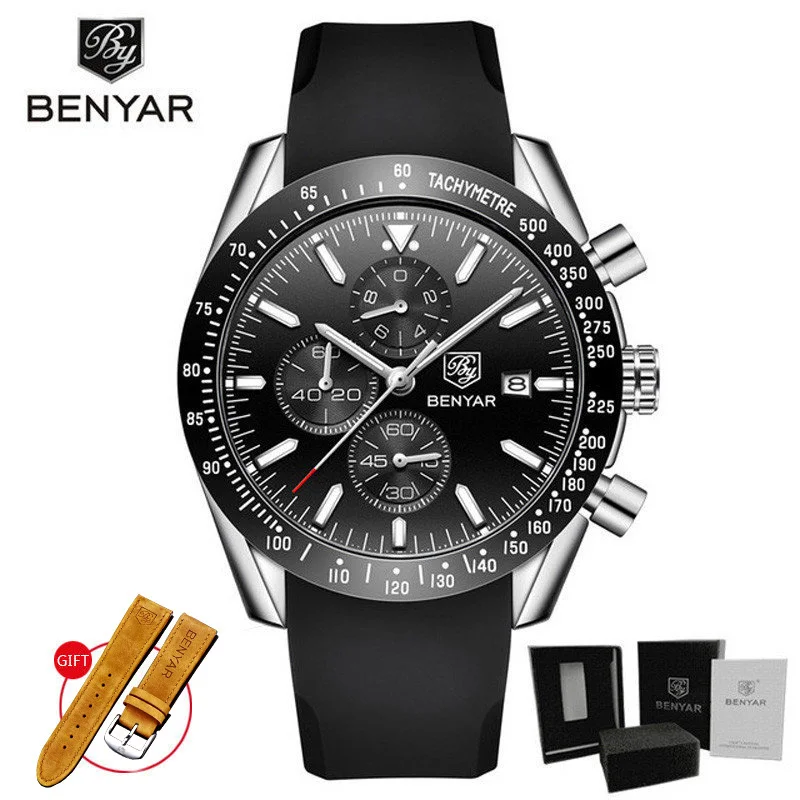Silver Black Мужские наручные часы s BENYAR, кварцевые часы с хронографом, Relogio Masculino, новинка, Топ бренд, Роскошные военные часы с силиконовым ремешком - Цвет: Silver Black