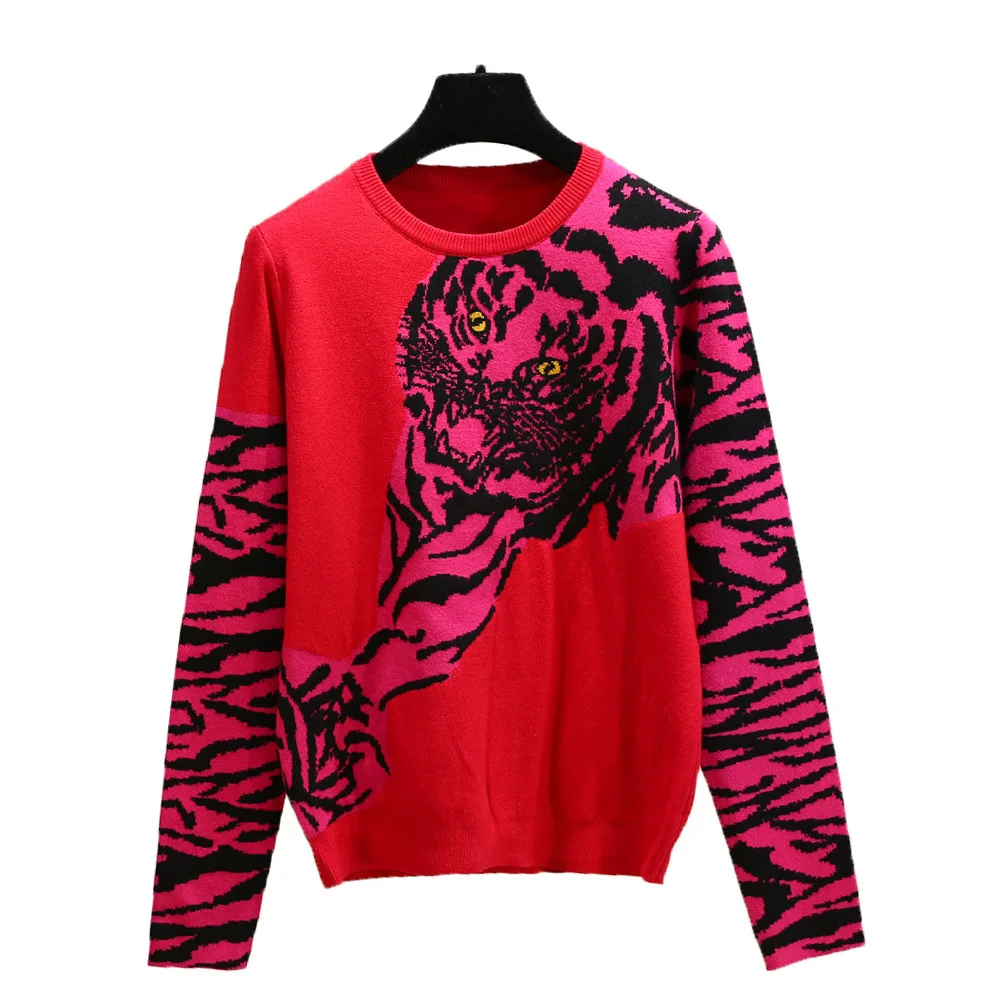 2019 Runway Winter Sweater Women Long Sleeve O-neck Leopard Tiger Head Pattern Vintage Knitted Jumper Casual sueter mujer | Женская