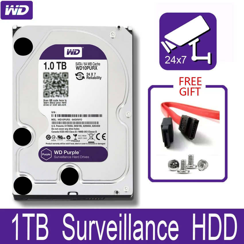 

WD Purple 1TB Surveillance Internal Hard Drive Disk 3.5" 64M Cache SATA III 6Gb/s 1T 1000GB HDD HD Harddisk for CCTV DVR NVR