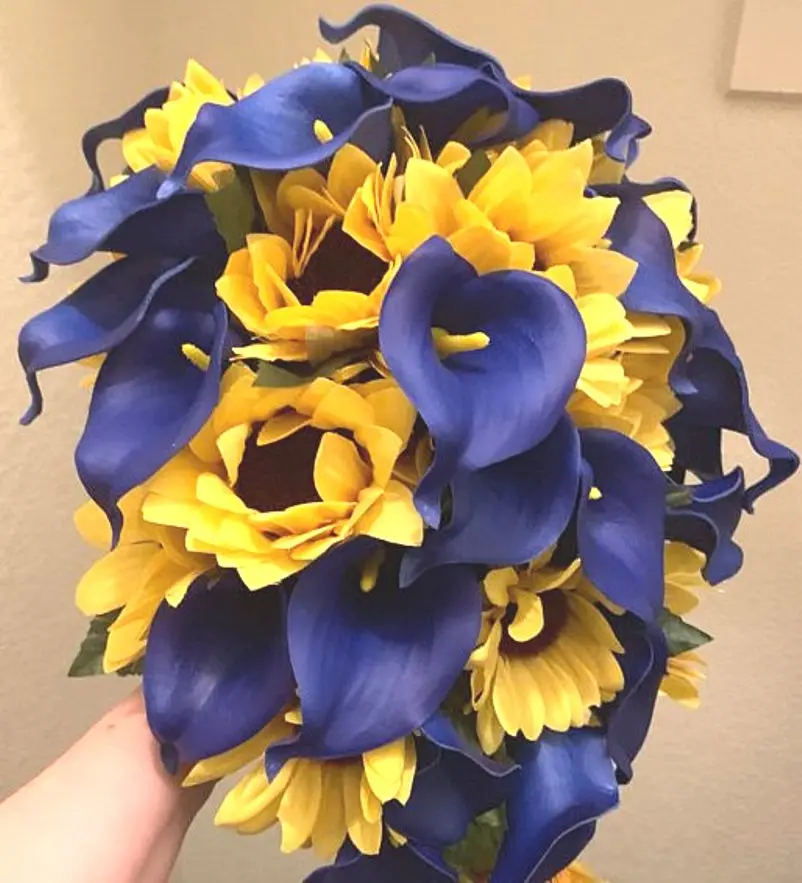 

Cascading Sunflower Bridal Bouquet, Sunflower Calla Lily Bouquet, Royal Blue Bouquet, Sunflower Bouquet, Blue Calla Lily