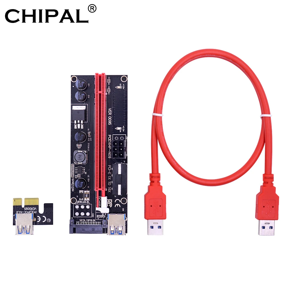 CHIPAL Dual LED VER009S PCI Express 1X to 16X E Riser Card 4Pin 6Pin SATA Molex Power 60 см USB 3 0 кабель для биткоина