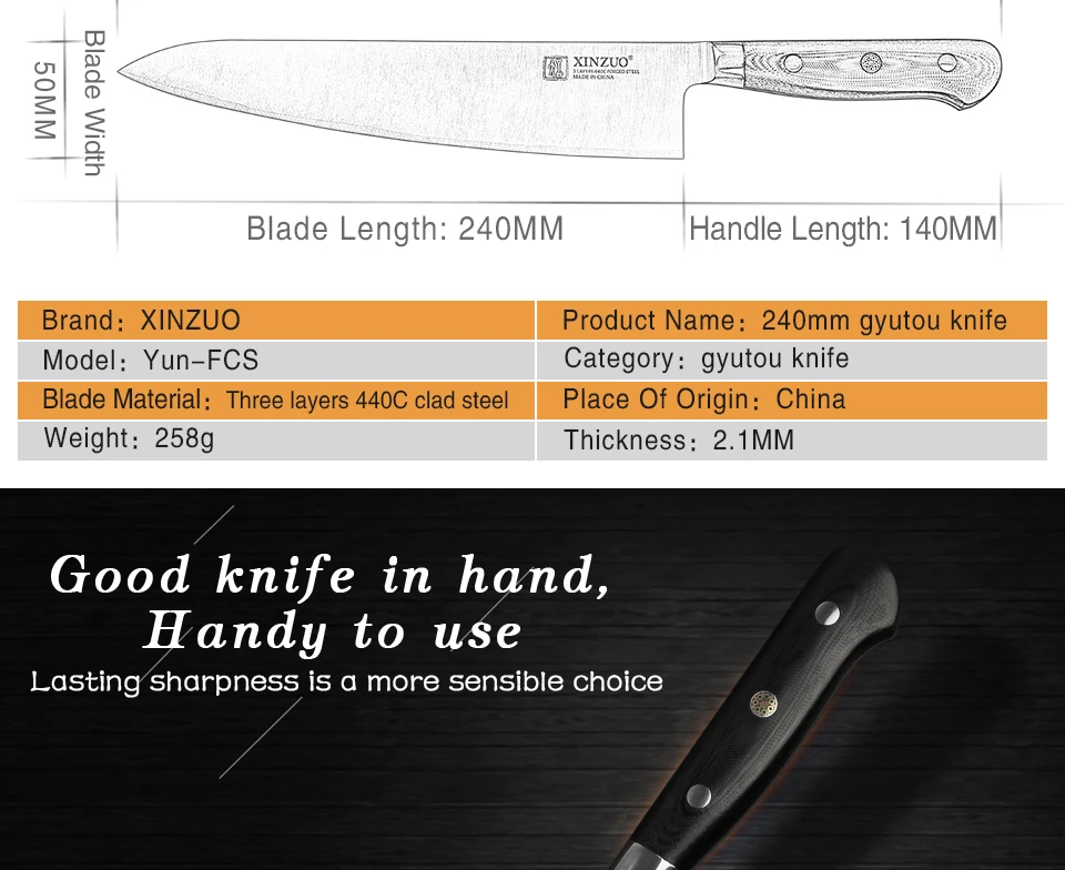 XINZUO 9,5 ''нож мясника 3 слоя 440C кованая сталь нержавеющая сталь 240 мм нож Gyuto 60 HRC кухонные ножи шеф-повара G10 Ручка